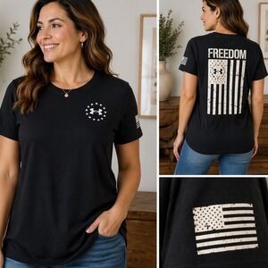Under Armour Freedom Flag T-Shirt Womens Black Graphic Short Sleeve Tee Medium